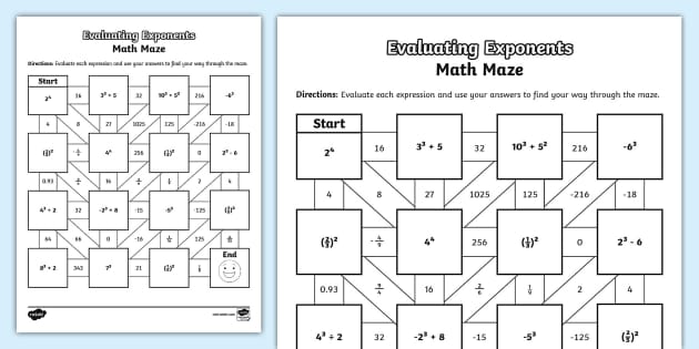 Sixth Grade Evaluating Exponents Maze (teacher made)