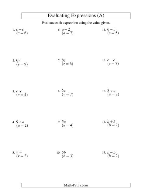 Evaluating One-Step Algebraic Expressions with One Variable and No ...