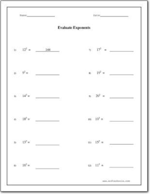 Evaluate Exponents Worksheet