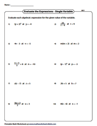 Evaluating Algebraic Expression Worksheets