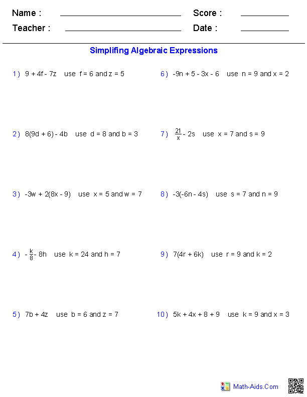 evaluating algebraic expressions worksheet 6th grade
