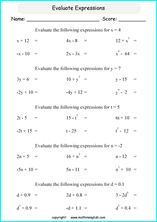 evaluating algebraic expressions worksheet 6th grade