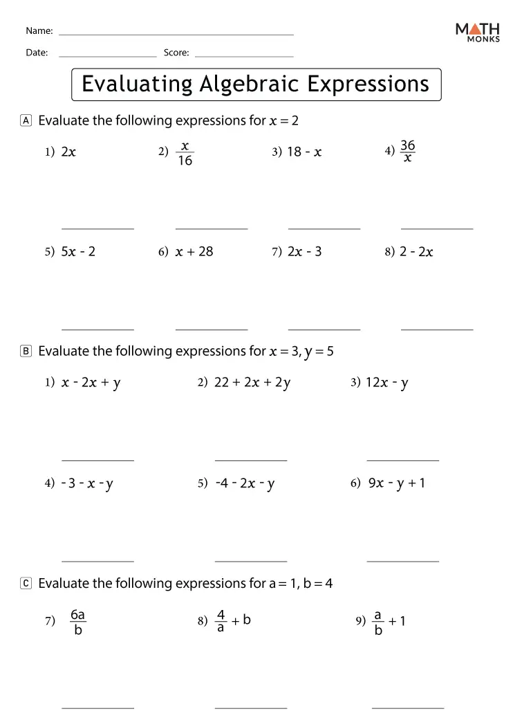 Evaluating Algebraic Expressions Worksheets - Math Monks