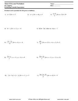 Worksheet: Evaluate Variable Expressions | Pre-Algebra Printable