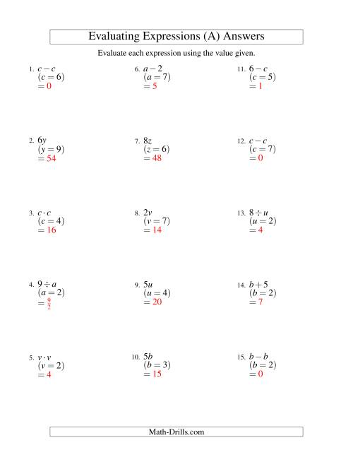 evaluating algebraic expressions worksheet