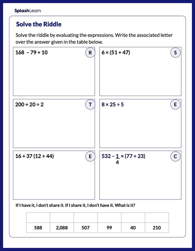 Evaluate Expressions Involving Parentheses - Math Worksheets ...