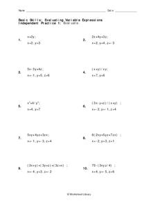 Evaluating Variable Expressions Worksheet for 7th - 9th Grade ...