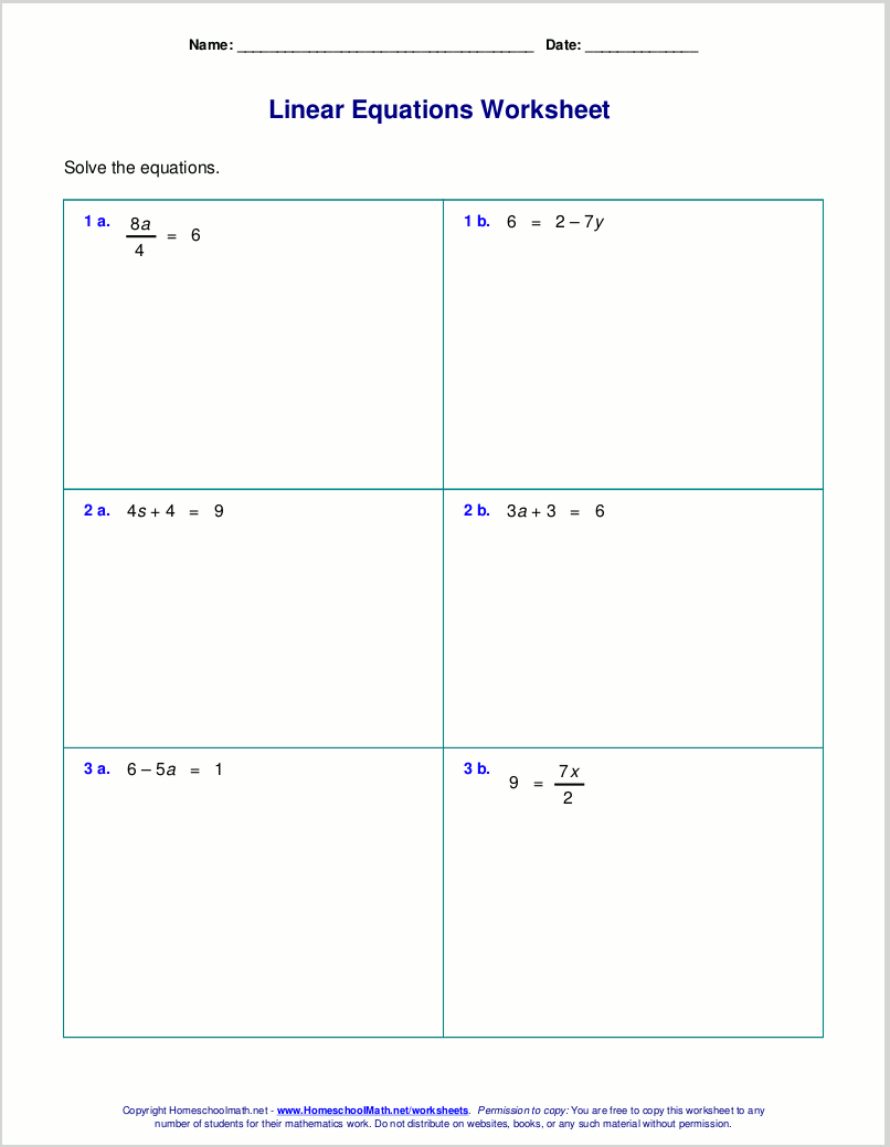 Free worksheets for linear equations (grades 6-9, pre-algebra ...