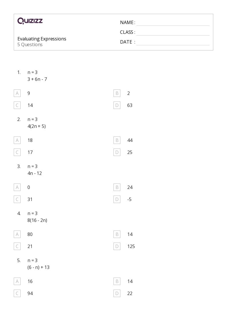 50+ Evaluating Expressions worksheets for 4th Class on Quizizz ...