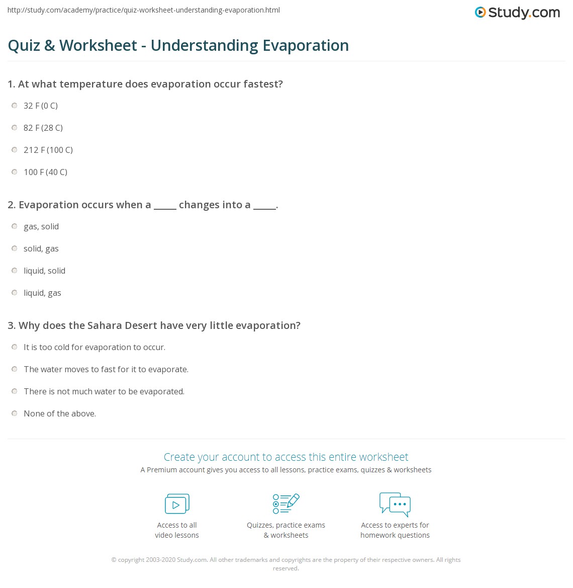 Quiz &  Worksheet - Understanding Evaporation | Study.com