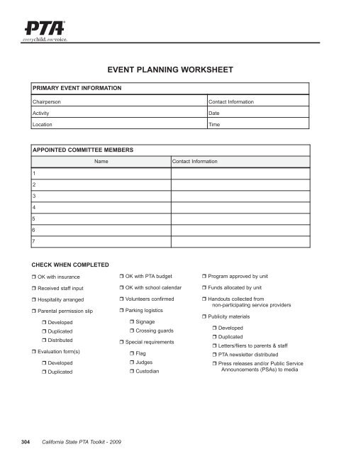 27. Event planning worksheet - Burbank Council PTA