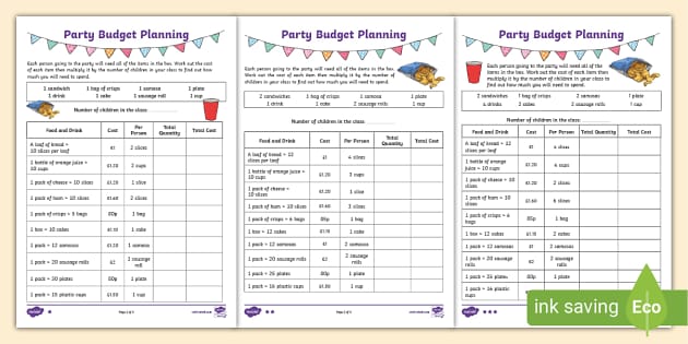 LKS2 Party Budget Planning Differentiated Worksheet / Worksheets
