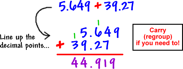 example of how you add and subtract decimals
