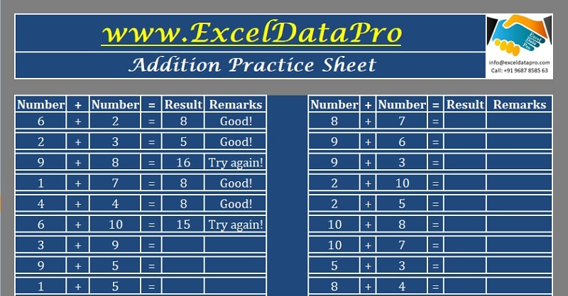 Download Basic Addition Practice Sheet Excel Template - ExcelDataPro