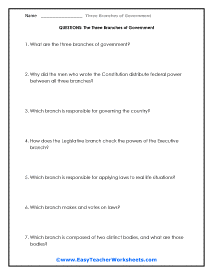 Three Branches of Government Worksheets