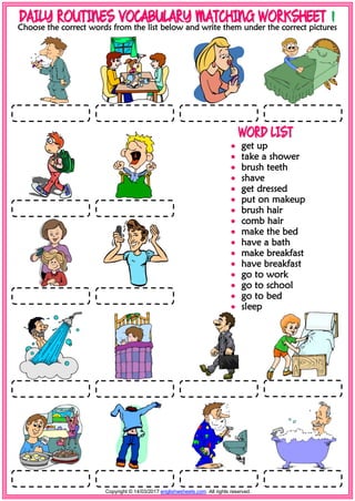 Daily routines vocabulary esl matching exercise worksheets for ...