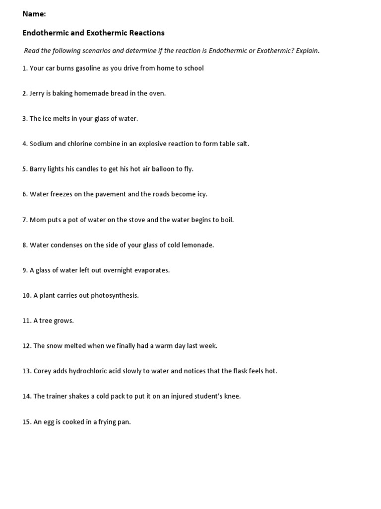 Endothermic and Exothermic Reactions Worksheet PDF Chemical