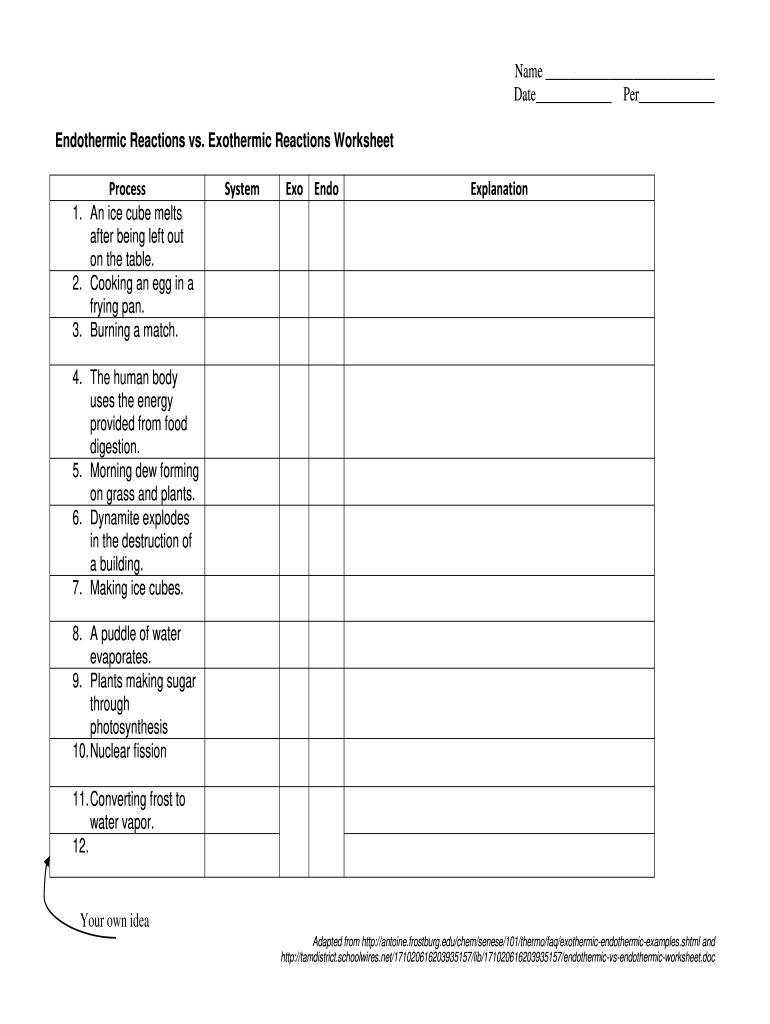 exothermic and endothermic reactions worksheet answers