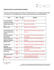 exothermic and endothermic reactions worksheet answers