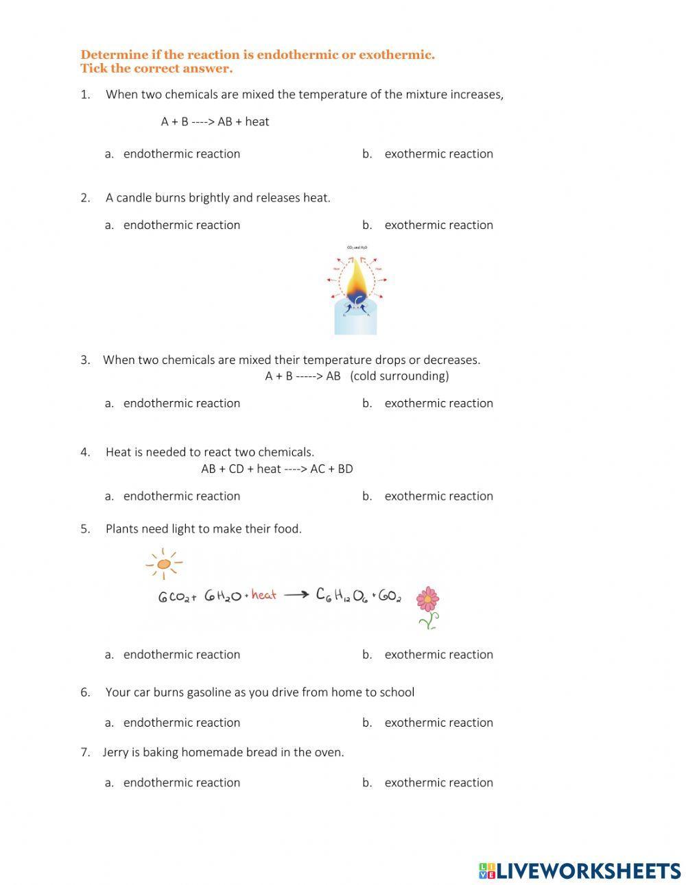 Endothermic and Exothermic Reactions worksheet Live Worksheets