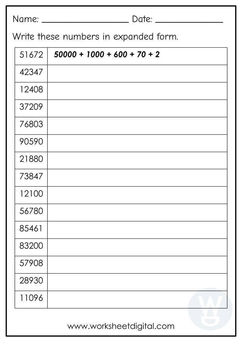 Expanded Form Numbers to 100000 - Worksheet Digital