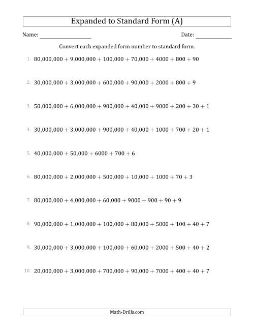 Converting Expanded Form Numbers to Standard Form (8-Digit Numbers ...