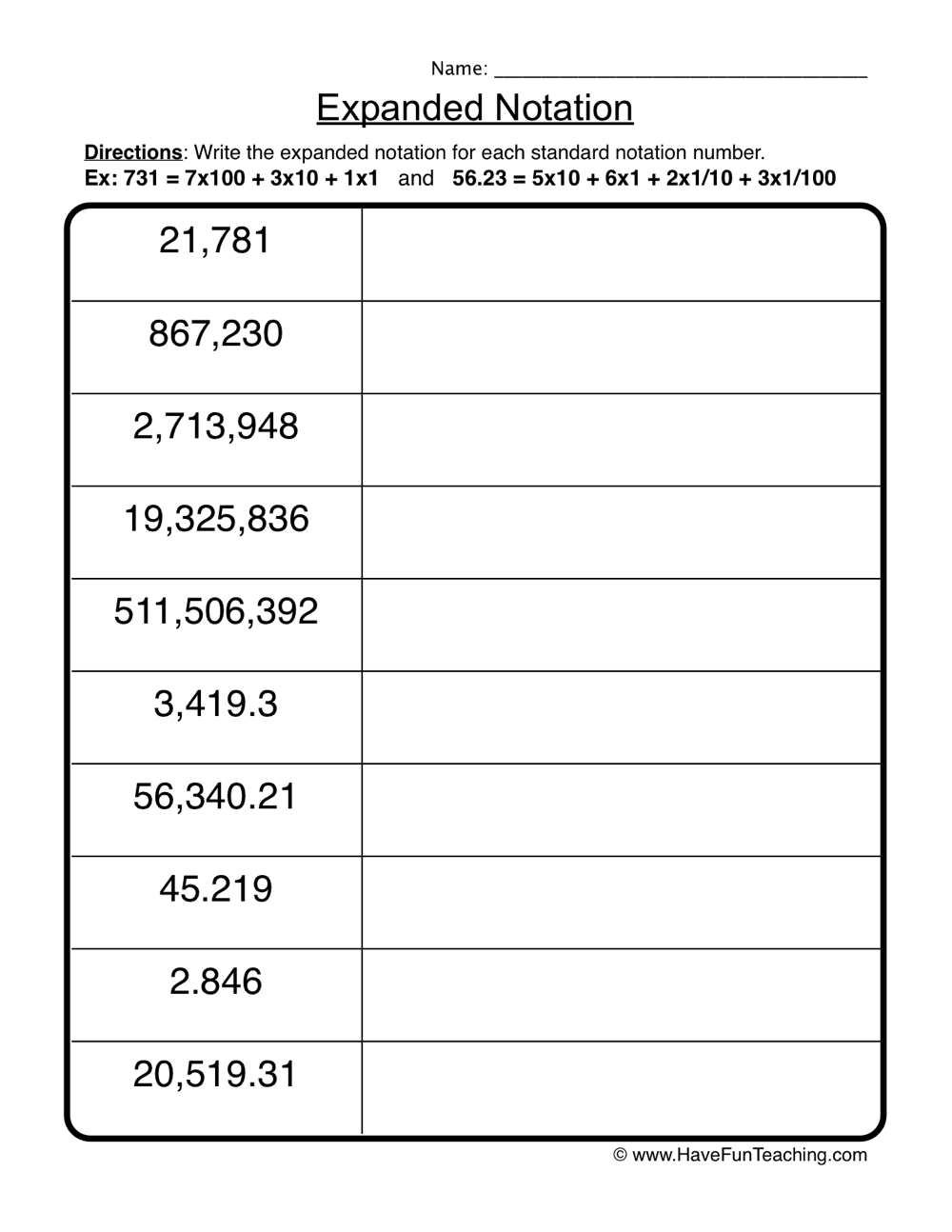 Place Value Expanded Notation Worksheet