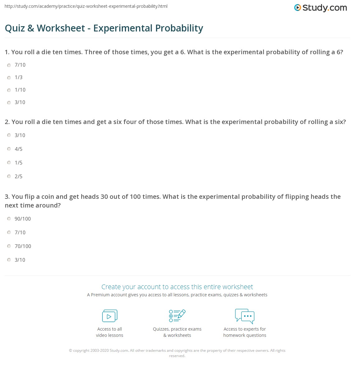 Quiz &  Worksheet - Experimental Probability | Study.com