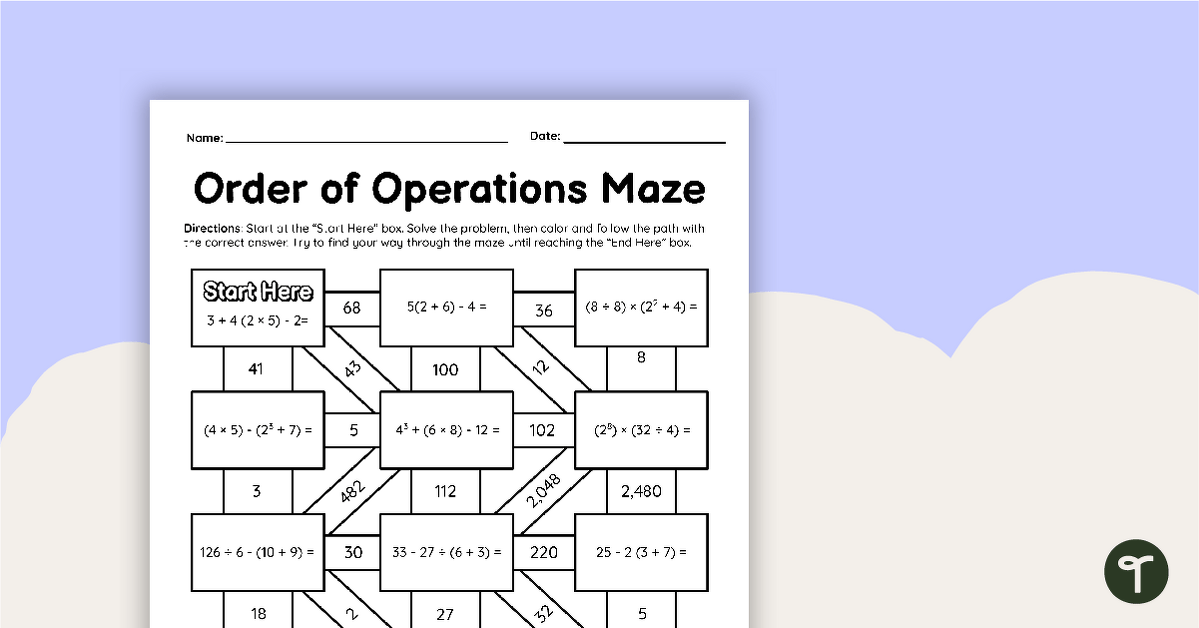 Order of Operations Math Maze Teach Starter Worksheets Library