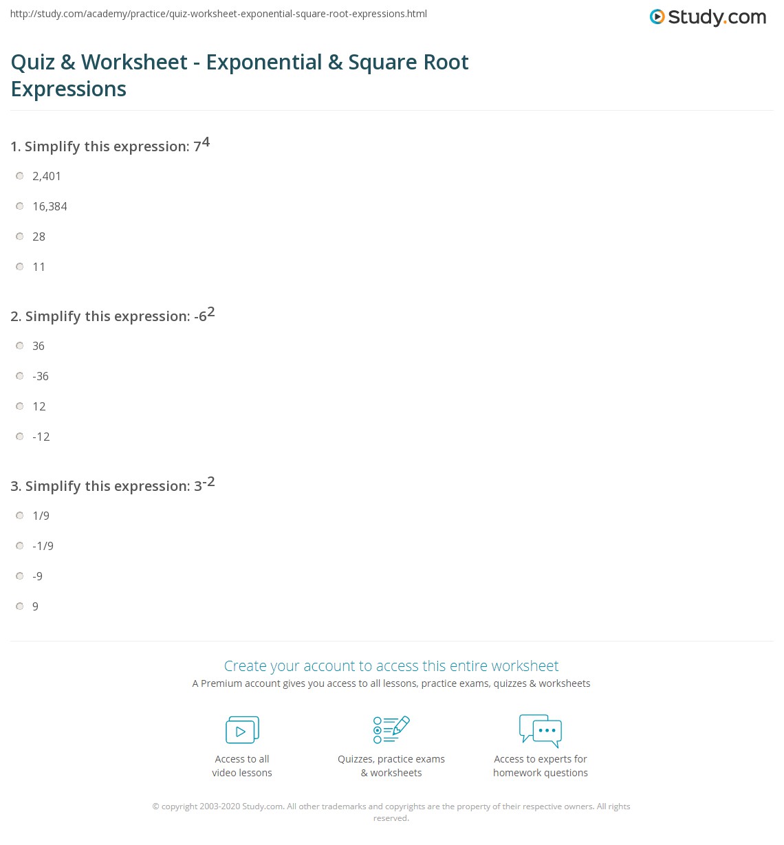 Quiz &  Worksheet - Exponential &  Square Root Expressions | Study.com