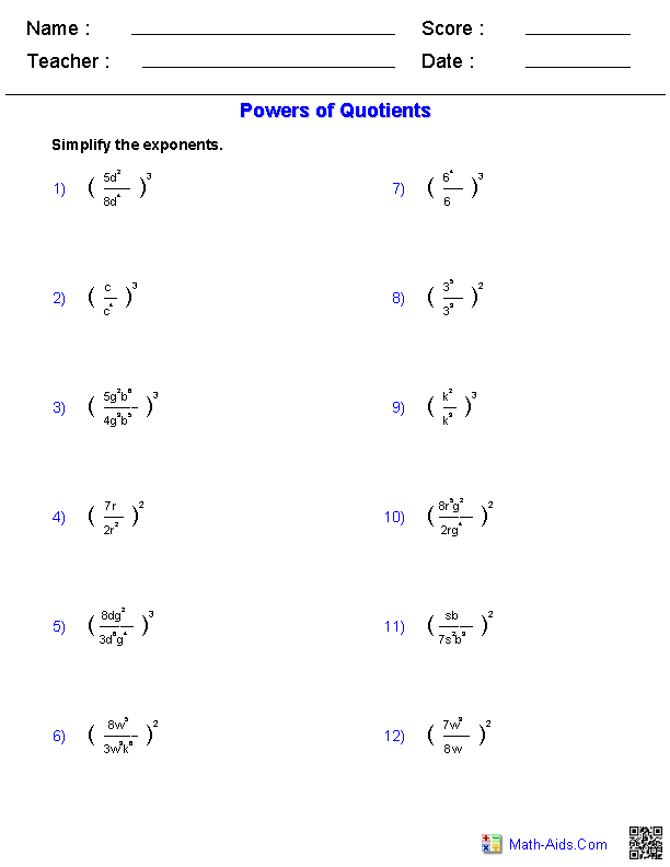 exponent practice worksheet 8th grade