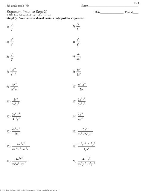 8th grade math (H) - Exponent Practice Sept 21
