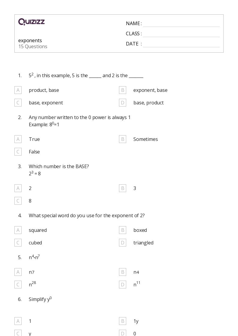 50+ Exponents worksheets for 8th Year on Quizizz | Free &  Printable