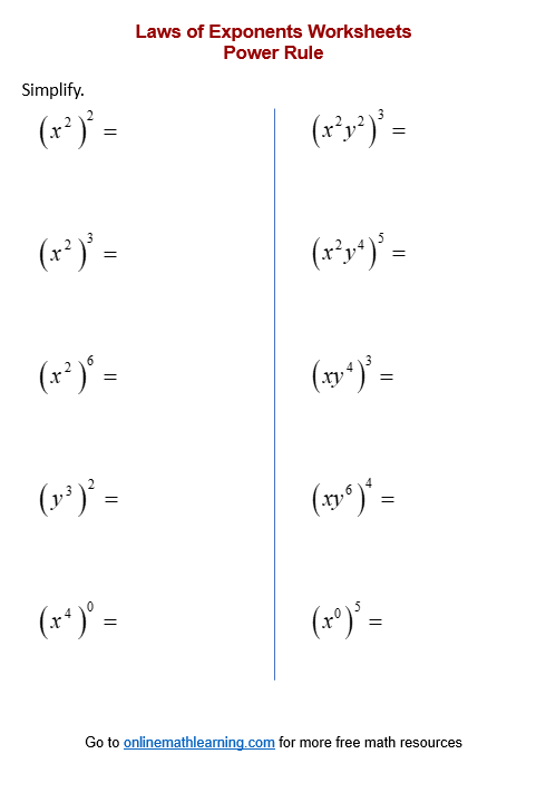 exponent problems worksheet