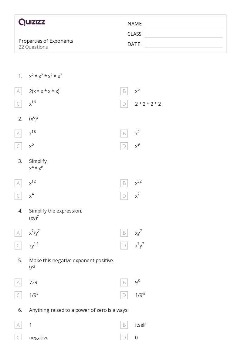 50+ Properties of Exponents worksheets for 7th Grade on Quizizz ...