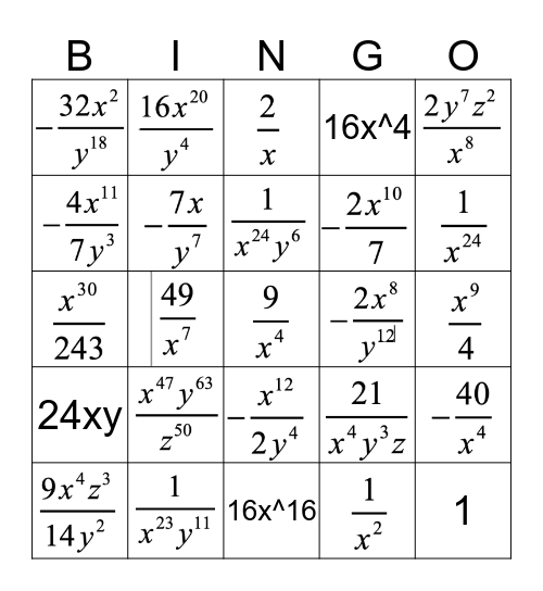Alg1A Exponent Rules Practice - 10/2019 Kuta Worksheet Bingo Card