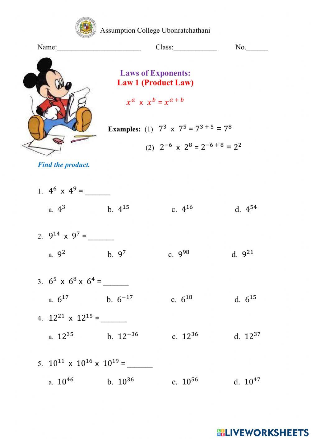 Product Rule (Laws of Exponents) worksheet | Sherwin |