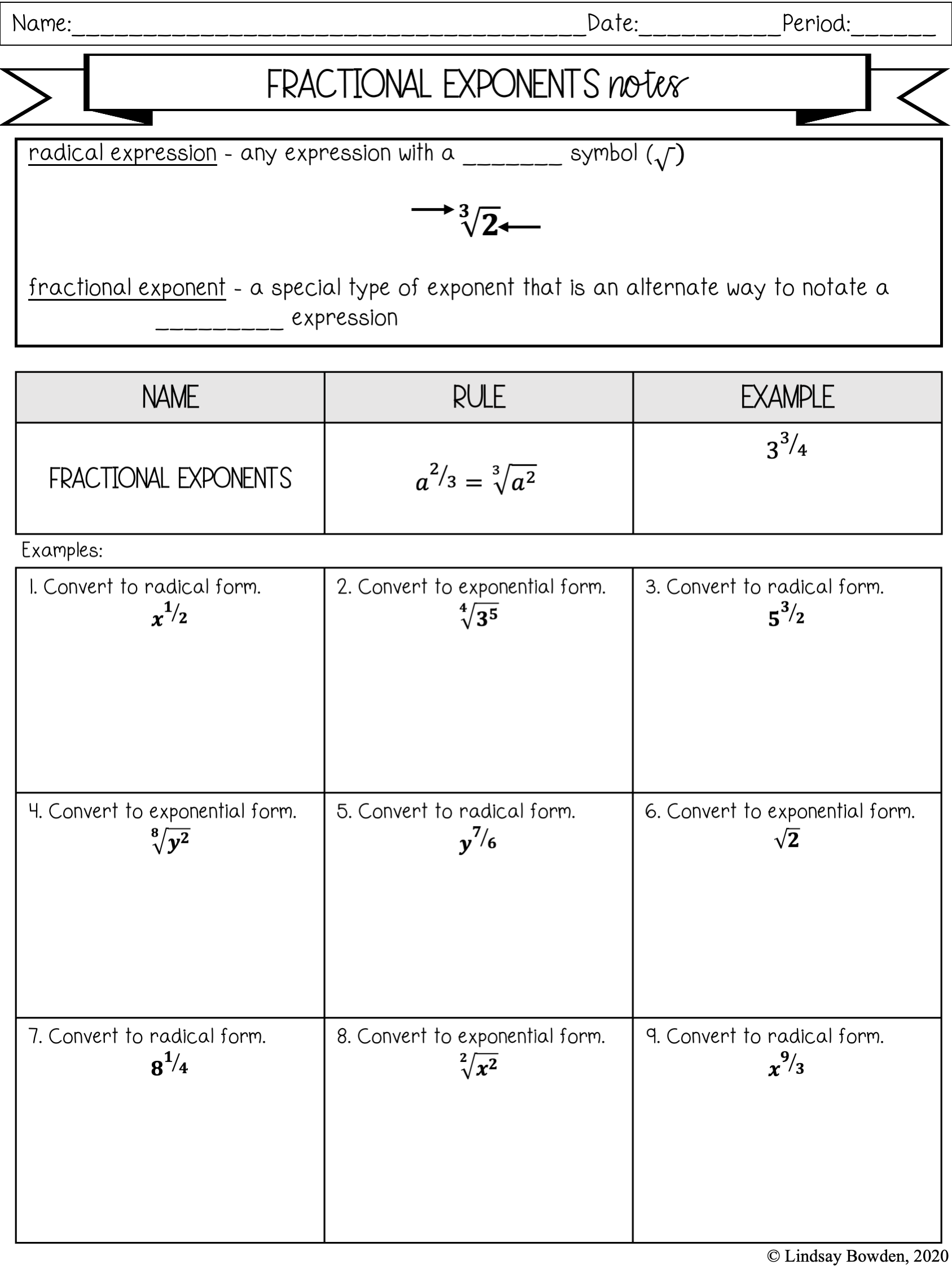 Exponent Rules Notes and Worksheets - Lindsay Bowden