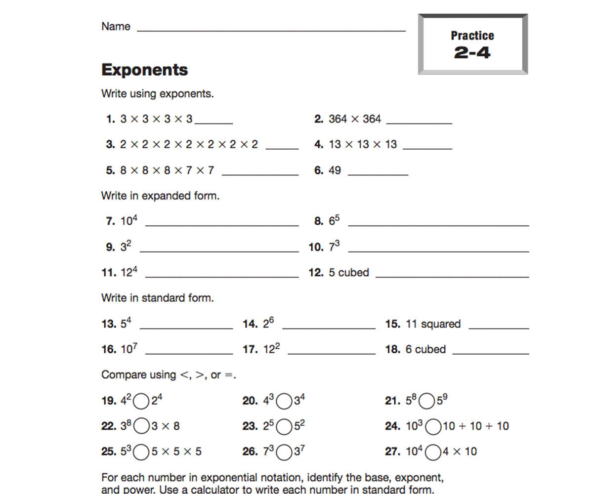 Patterns in Numbers - Using Exponents Printable (5th - 6th Grade ...