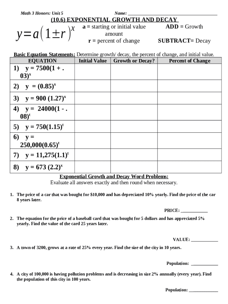 Exponential Decay Problems Worksheet With Answers Sale | www ...