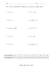 Solving Exponential Equations Worksheet for 9th Grade | Lesson Planet
