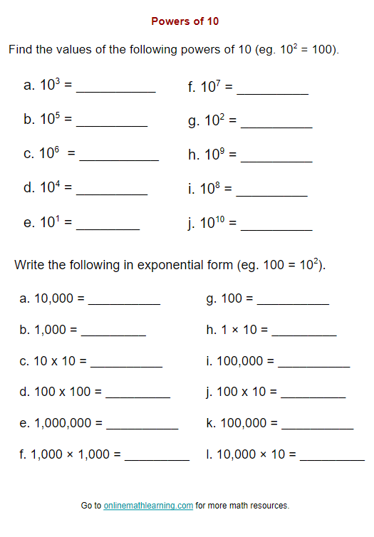 Powers of Ten Worksheet (printable, online, answers)