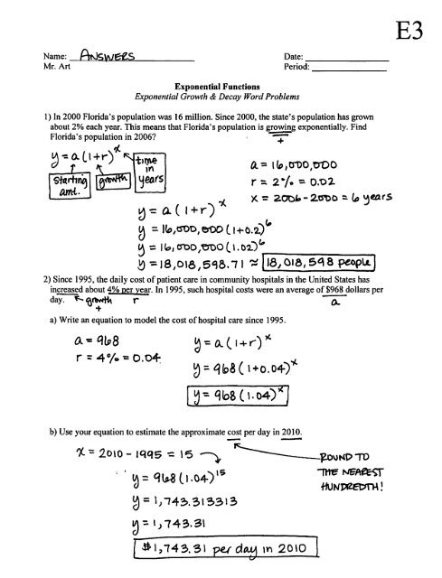 exponential functions growth and decay worksheet answers