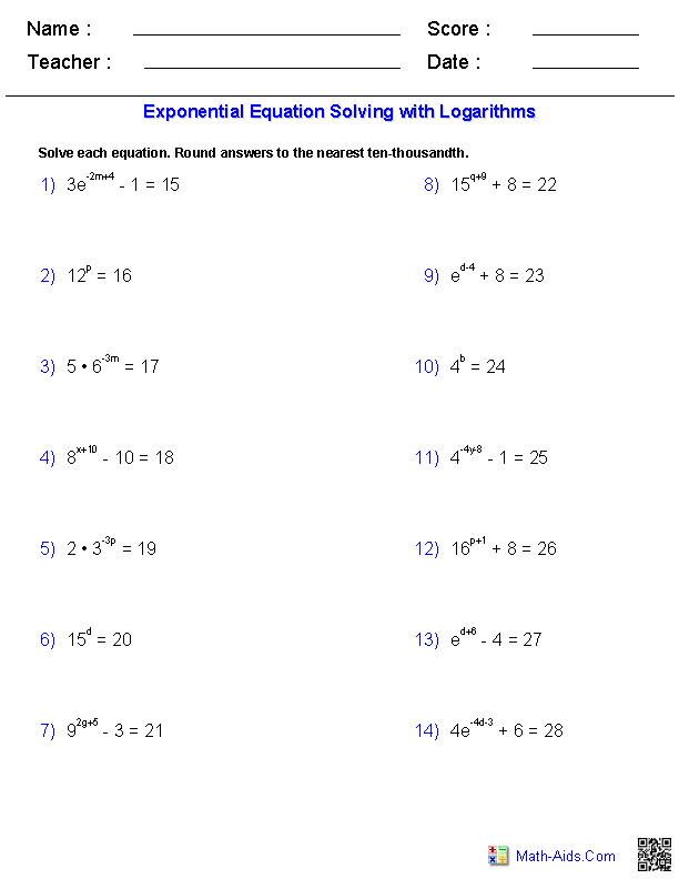 Algebra 2 Worksheets | Exponential and Logarithmic Functions ...
