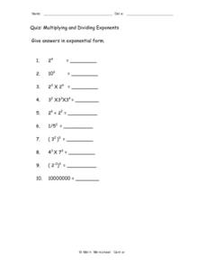 Quiz: Multiplying and Dividing Exponents Worksheet for 8th - 9th ...