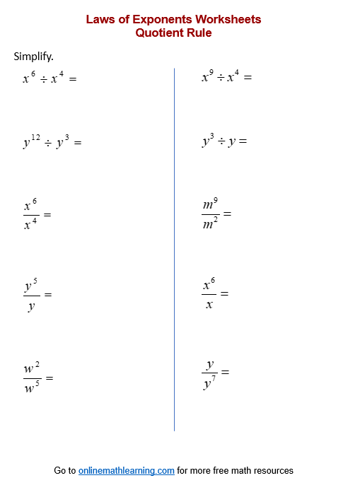 Quotient Rule of Exponents Worksheets (printable, online, answers ...