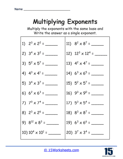 exponents and multiplication worksheet answers