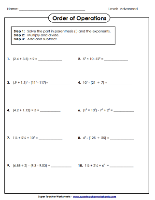 Order of Operations Worksheets (w/ Parenthesis &  Exponents)