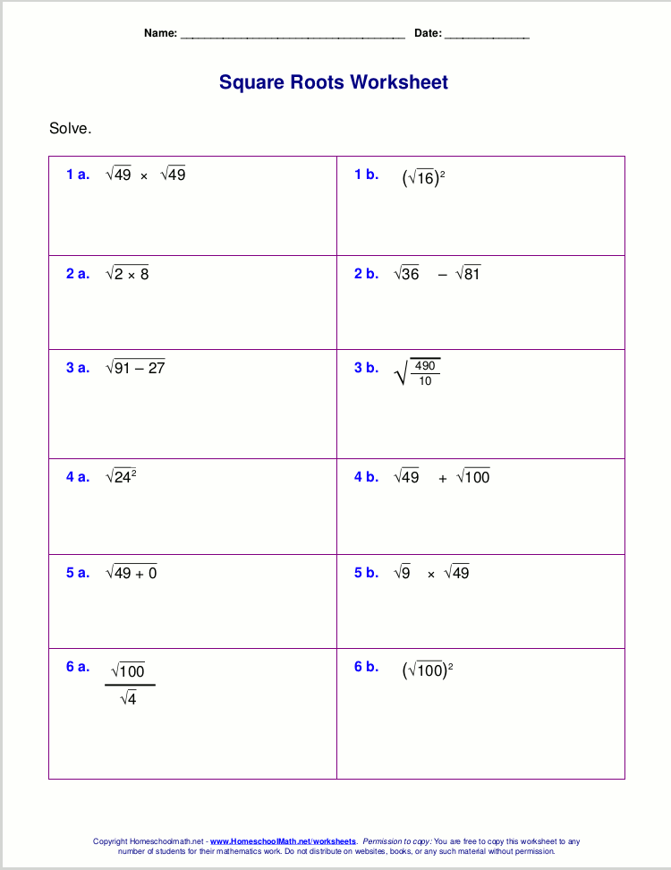 Free square root worksheets (PDF and html)