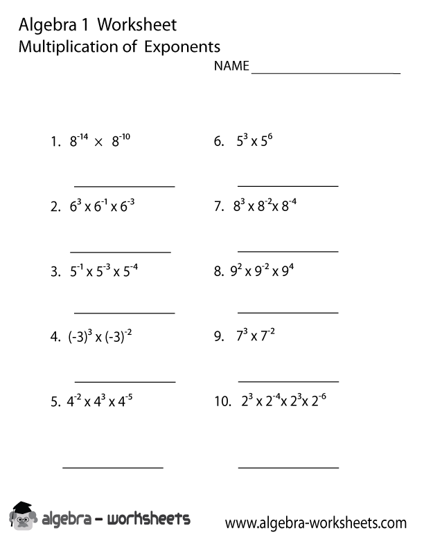 Multiplication Exponents Algebra 1 Worksheet Printable